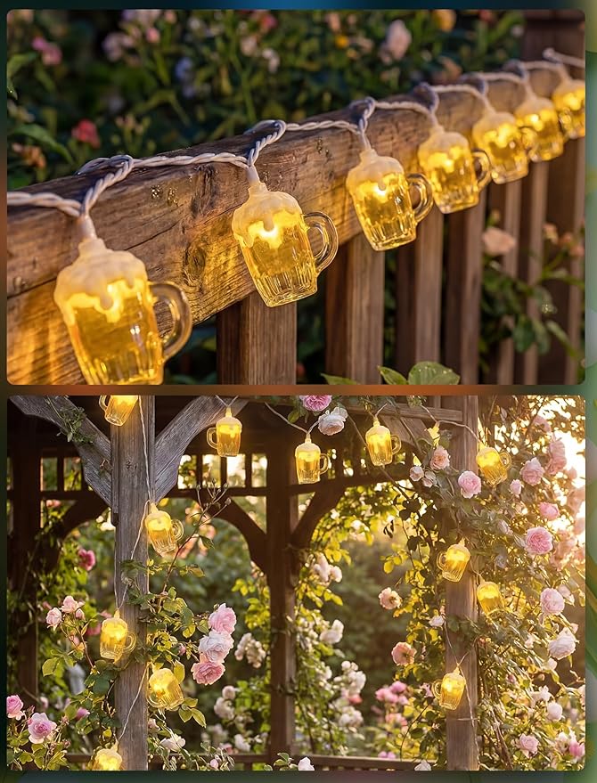 LED Beer Mug String Lights for Patrick's Day, 8.5Ft Tropical Beach Theme Fairy Lights Plug in with 10 3D Beer Cup Bulbs, Summer Hawaiian Outdoor Decor for Camping Tent Holiday Party Garden