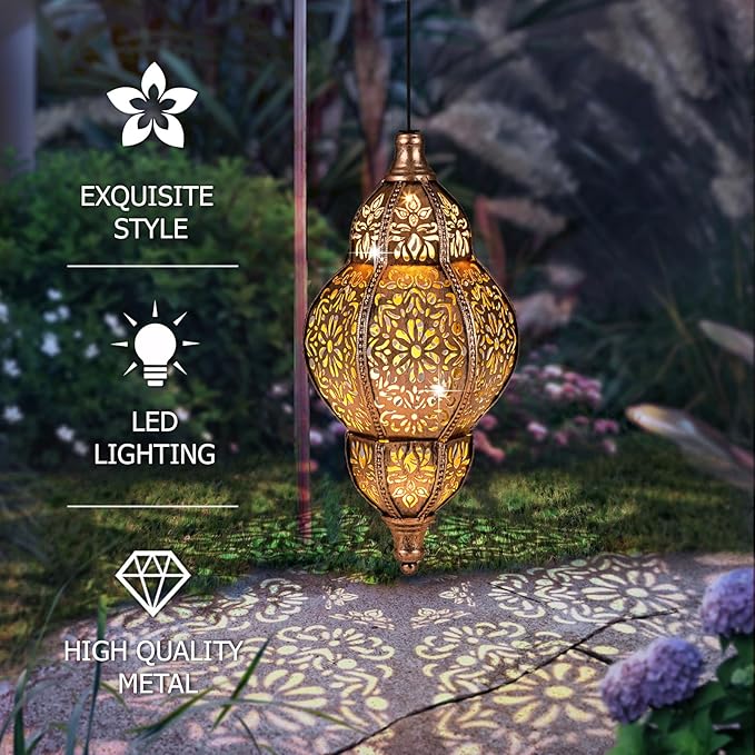 Hanging Solar Lantern Outdoor Decor, Moroccan Solar Lights for Outside Garden Decorations, Waterproof Solar Lanterns Garden Gifts for Mom, Women, Patio, Yard Ornament (Coppers)