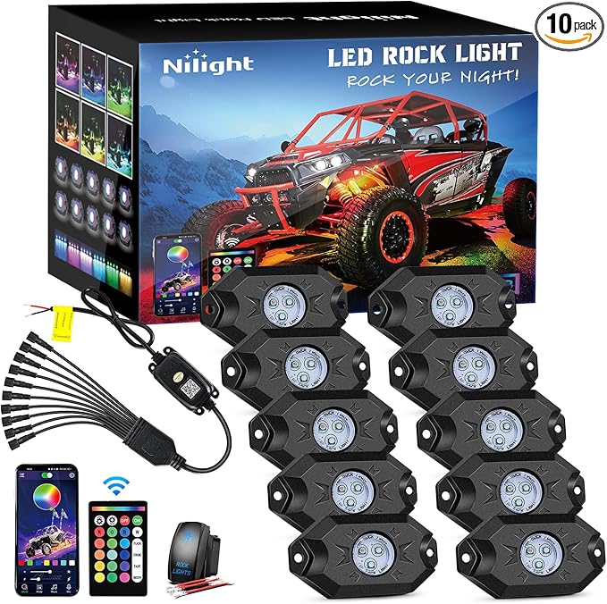 Nilight RGB LED Rock Lights Kit 10 Pods Underglow Multicolor Neon Pod with Remote & Bluetooth App Control DIY Flashing Music Mode Wheel Well Light for Truck ATV UTV RZR SUV