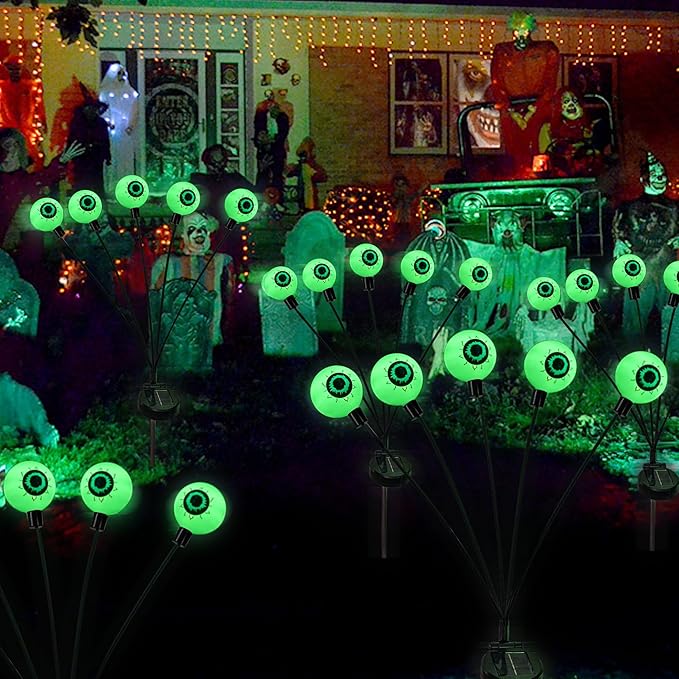 Dazzle Bright Halloween Decorations Outdoor, 4 Pack 24LED Solar Eyeball Pathway Lights, Scary Waterproof Solar Green Firefly Lights for Garden Lawn Yard Decor