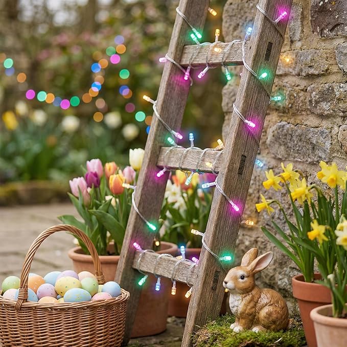 100 LED Easter Mini Lights - 33Ft Pastel Colored Connect String Light Plug in with 8 Modes, Timer, Waterproof- Fairy Christmas Lighting for Outdoor Tree Bedroom House Party Decorations - White Wire