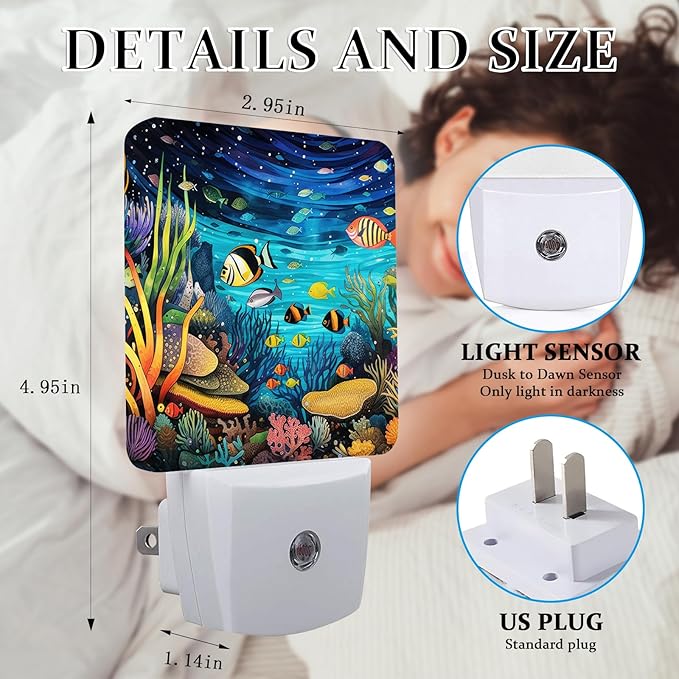 Underwater World Fish Night Light, Plug-into Wall Sea Ocean Animals Nightlight Lamp with Dusk to Dawn Sensor, Led Lamp 0.5W Energy Efficient for Boys Girls Adults Home Decor