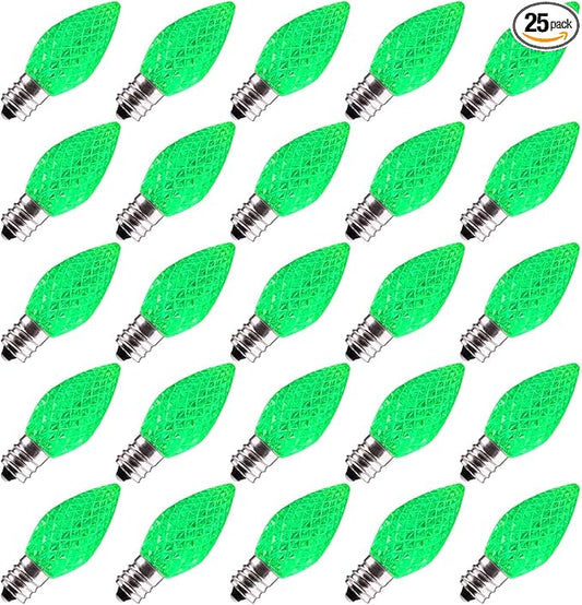 25 Pack C7 Led Replacement Christmas Light Bulb, C7 Shatterproof Led Bulbs for Christmas String Lights, E12 Candelabra Base, Commercial Grade Dimmable Holiday Bulbs, Green