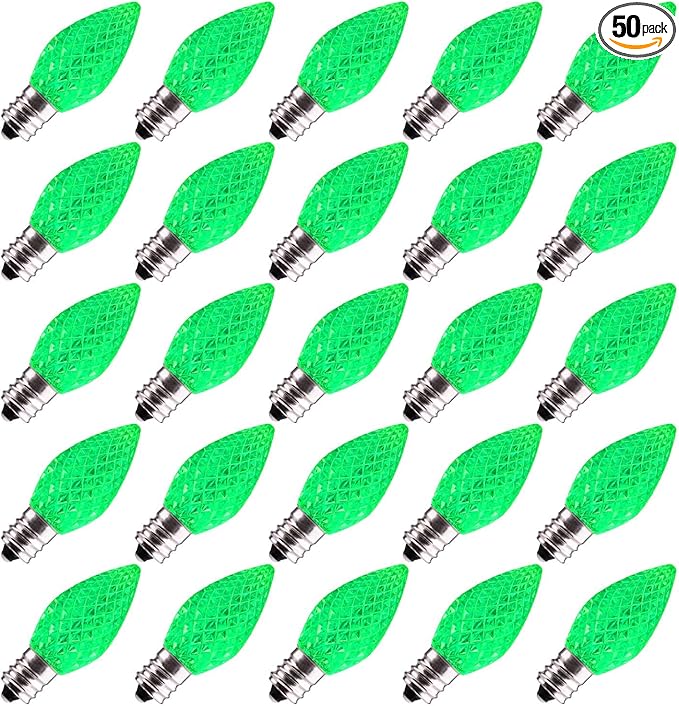 50 Pack C7 Green LED Replacement Light Bulbs for Christmas String Lights - Shatterproof E12 Candelabra Base Bulbs for Indoor Outdoor Decorative Lighting