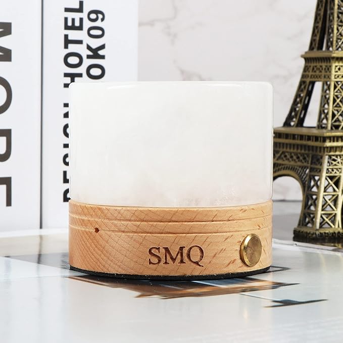 SMQ Clear Quartz Crystal Night Light with USB Charging Port,Healing Crystals Polished Gemstone Touch Control Table Led Lamp with Wooden Base for Nursery,Living Room,Office