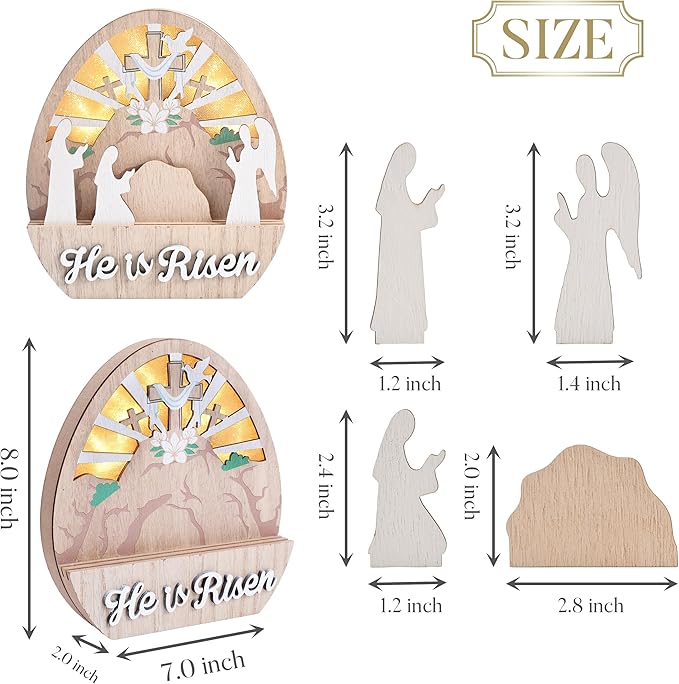 Valery Madelyn Easter Decorations with LED Light, Lighted Empty Tomb Scene and Cross Decoration, Wooden Christian Easter Decor Resurrection Scene for Home Table Shelf, 8.0 inch