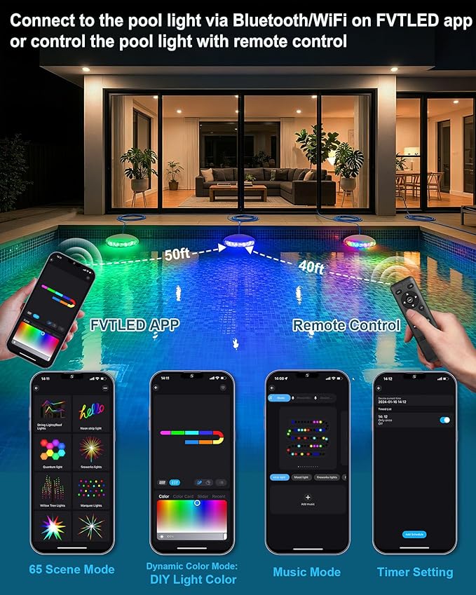 INDARUN 5V RGB Color Changing Led Pool Light with Smart IC, 15W Low Power Underwater Pool Light with Remote Control, IP68 Waterproof, for Pool Party, Fountain, Pond, Garden