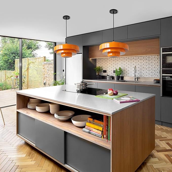 Mid Century Pendant Light Fixtures Orange Ceiling Pendant Lighting 3-Layer Metal Shade Design Vintage Hanging Light Flush Mount Light for Kitchen Island Dining Table Hallway (Orange)