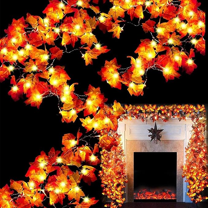 TURNMEON 6 Pack Fall Decor Enlarged Maples Leafed Garland, 60Ft 120LED Fall Decorations for Home Fall Lights, Battery Operated Waterproof Autumn Garland Halloween Thanksgiving Decor Indoor Outdoor