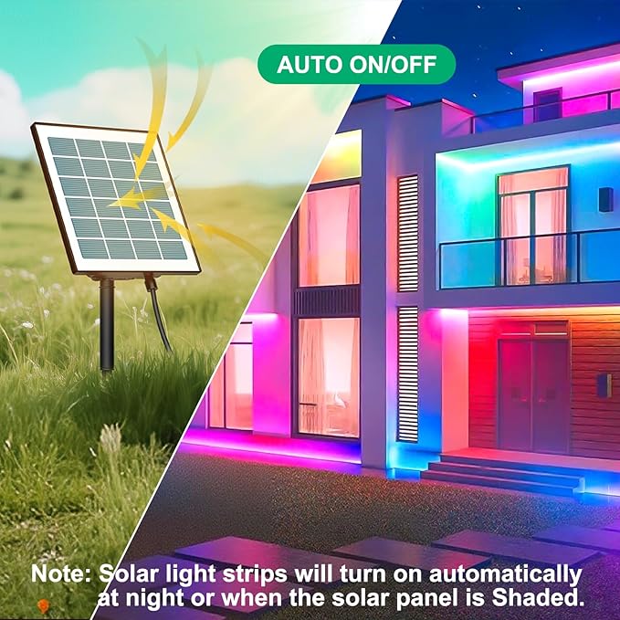 Upgraded Outdoor Led Strip Lights Waterproof, 50ft RGB Solar Led Strip Lights Outdoor with Self-Adhesive, Auto On/Off 16 Colors and 4 Modes with Remote Timer Great for Patio, Pathway Decor