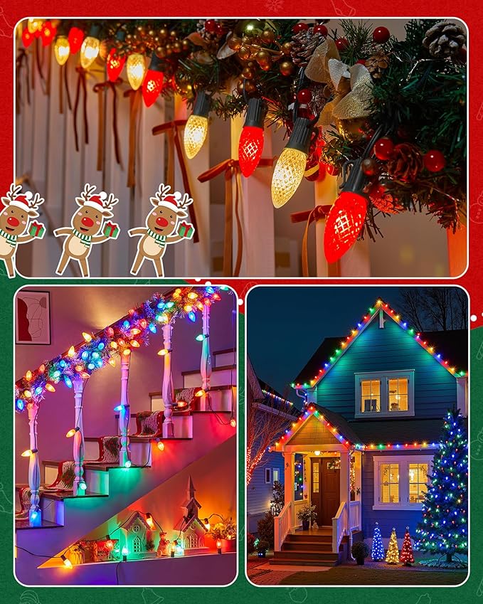 Brightown C9 Light Strand, 25FT Black Cord Outdoor String Lights Christmas Stringer with 12" Socket Spacing, C9/E17 Intermediate Base Indoor/Outdoor Stringer Set for Christmas Decor Patio