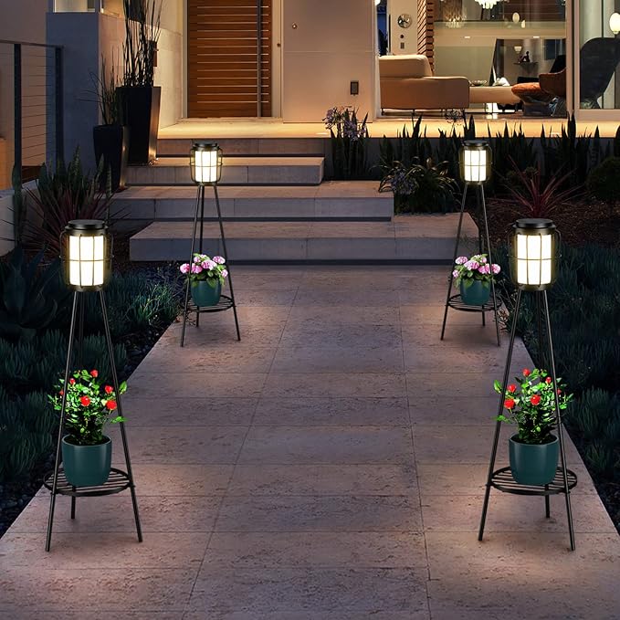 MXwcy 2 Pack Solar Lights Outdoor with Plant Stands - Solar Floor Lamp & Street Lights with Metal Tripod - Patio Decor for Garden, Yard, Pathway, Driveway, Porch
