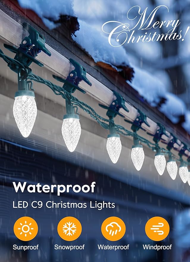C9 LED Christmas Lights Outdoor, 99 Feet 150 LED C9 String Light with 150 Spring Clips, Waterproof Connectable Christmas Tree Lights for Outside Roofline Patio Home Xmas Decor, Pure White