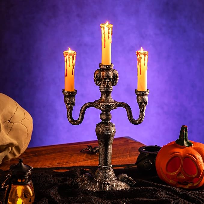 JOYIN 2 Pcs Skull Candelabra Halloween Decorations Indoor LED Lights Flameless Candles Holder, Scary Haunted House Mansion Decor for Table Home Party