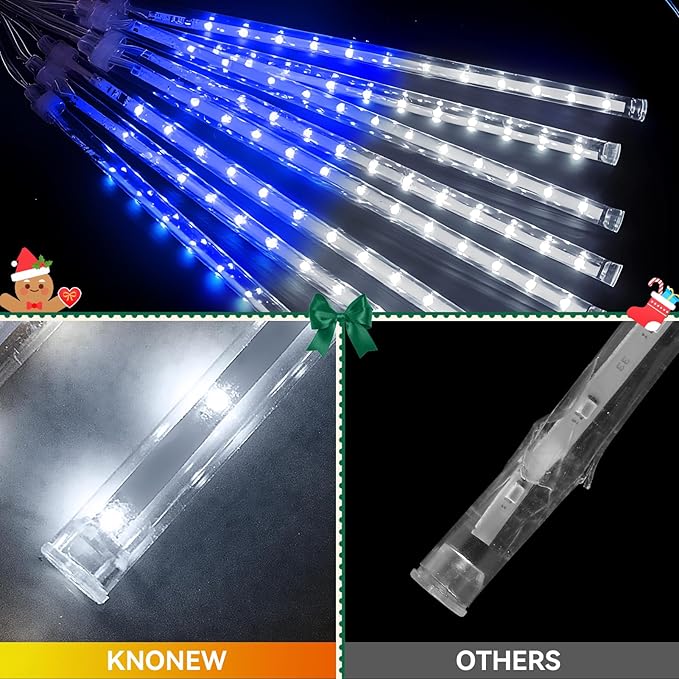 KNONEW Christmas Lights Outdoor, 15 inch 24 Tubes 672 LED Meteor Shower Lights Plug in Waterproof Falling Rain Light for Xmas Tree Wedding Party Garden Holiday Decorations (Blue and Cool White)