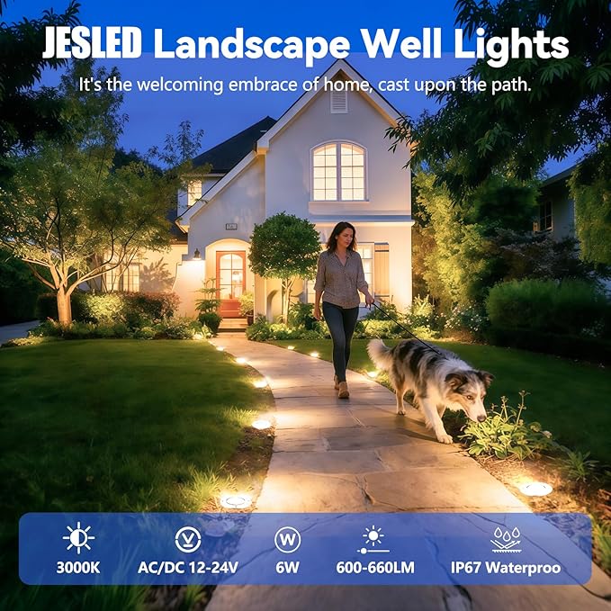 JESLED Low Voltage Landscape Lights, 6W LED Well Lights IP67 Waterproof, 3000K Warm White In-Ground Lights with Wire Connectors for Pathway, Deck, Patio, Yard, Garden (8 Pack)