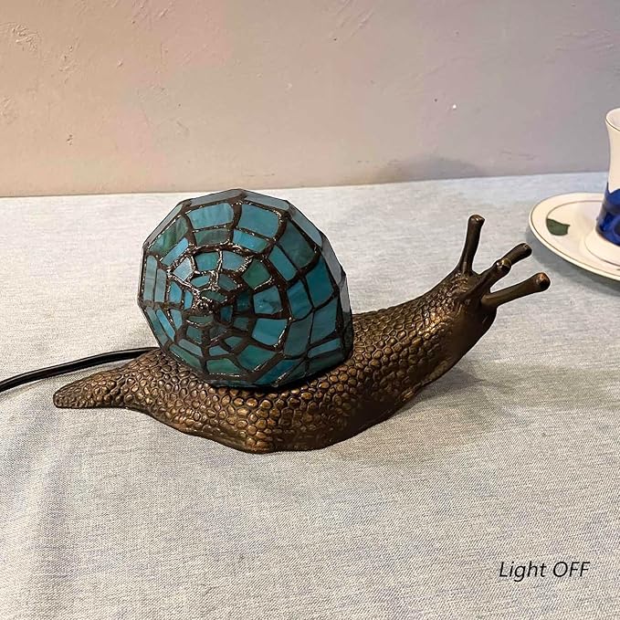 Bieye L10975 Land Snail Tiffany Style Stained Glass Accent Table Lamp for Home Decoration (Cyan, 10" D x 5" W x 5" H)