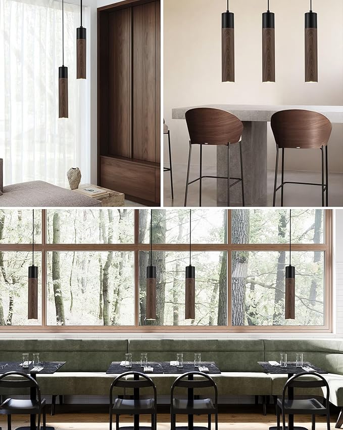 ELYONA Modern Pendant Light Fixtures, Walnut Wood Grain & Matte Black Metal, Industrial Cylinder Hanging Pendant Light for Kitchen Island Dining Room Bedroom Living Room, GU10 LED Bulb Included