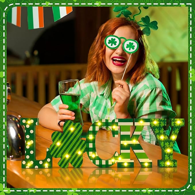 Menkxi St Patricks Day LED Wooden Sign St Patrick's Day Shamrocks Table Decoration Wooden Lucky Decor Saint Patty's Tiered Tray Decor Light up Irish Table Centerpiece for Home Party Desk Office Room