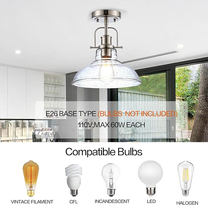 Modern Flush Mount Ceiling Light Fixture, < Bulb NOT Included> Brushed Nickel Finished with Clear Glass Shade, Farmhouse Light Fixture for Kitchen Island Entryway Porch Foyer Dining Room