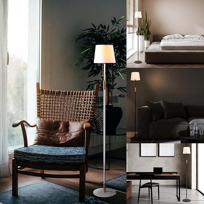 O'Bright Velum Floor Lamp - Elegant Linen Shade, Pull Chain Switch, Luxury Gold Handle, Modern Minimalist Design - Perfect for Living Room, Bedroom, Office - White