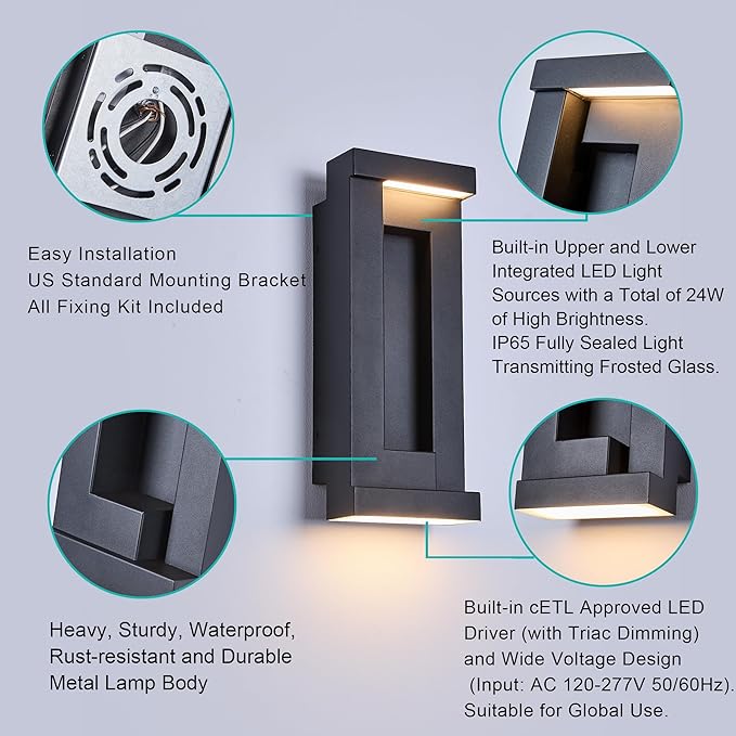 Modern Outdoor Art Wall Lights, IP65 & Anti-Rust, 2200 Lumens Triac Dimmable LED Porch Light, Textured Black & Frosted Glass,Voltage 120-277V,Wall Mount for Patio, Garage, Entryway