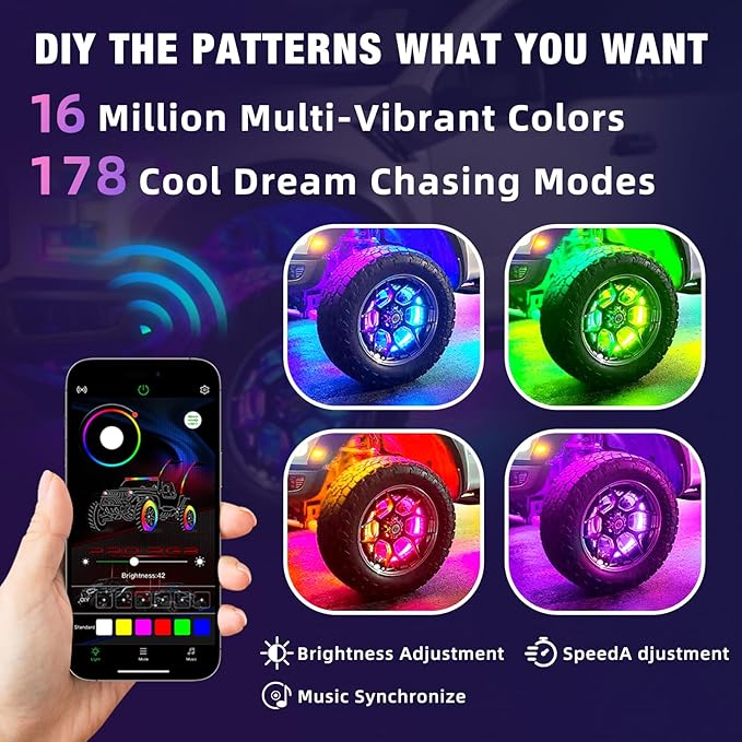 Tavaray 4PCS 15.5" Double Sided RGB LED Wheel Ring Lights with APP & Remote Control, 178+DIY Dynamic Modes w/Turn Signal Braking and Reverse Function Wheel Lights for Trucks Pickups Cars Offroad