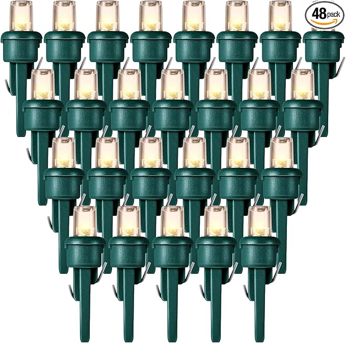 Honoson 48 Count 5 mm LED Halloween Replacement Bulbs Bulk Wide Angle Christmas Light Xmas Tree String Replacement Festival Light Decoration (Green Base with Warm White Bulb)