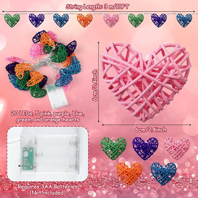 Heart String Lights for Wedding Birthday Party - 3D Hollowed Rattan 9.8ft 20 LED Candy Color Love Lights, Battery Powered, Multi-Color