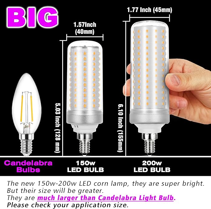 Big Size 1.77x 6.1 inch, E12 200w LED Candelabra Bulbs C7 Replacement,2700K Warm White,3000 Lumen T6 E12 20W LED Chandelier Light Bulbs for Ceiling Fan Pendant Lighting Floor Lamp,Non-dimmable,3 Pack