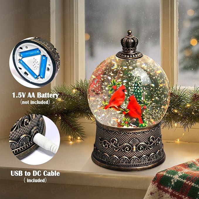 Cardinal Snow Globe Christmas Snow Globes Lantern, Lighted Christmas Decorations Indoor for Home with Music Timer Swirling Glitter, Light Up Musical Cardinals Decor, USB or Battery Operated