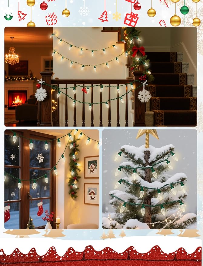 C7 LED Christmas Lights Outdoor, 26FT Outdoor String Lights Plug in with 50 C7 Warm White Bulbs, Vintage Christmas Lights Waterproof for Indoor Holiday Patio Roofline Xmas Tree Party Decorations