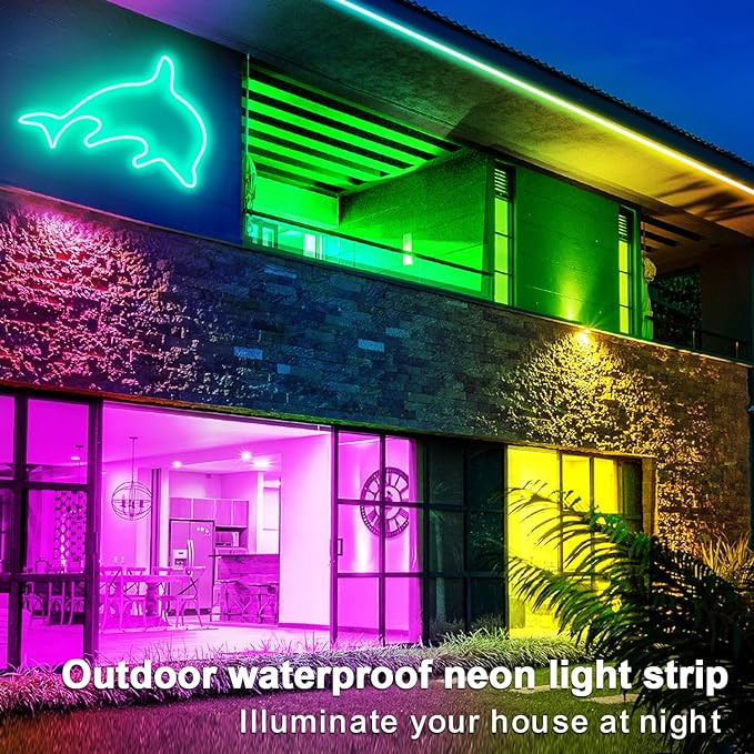 100FT RGB LED neon Rope Lights LED neon Lights with Remote/APP Control 24V IP65 Waterproof Flexible Neon LED Strip Lights for Bedroom Room Outdoors Decor（2 Rolls of 50ft）