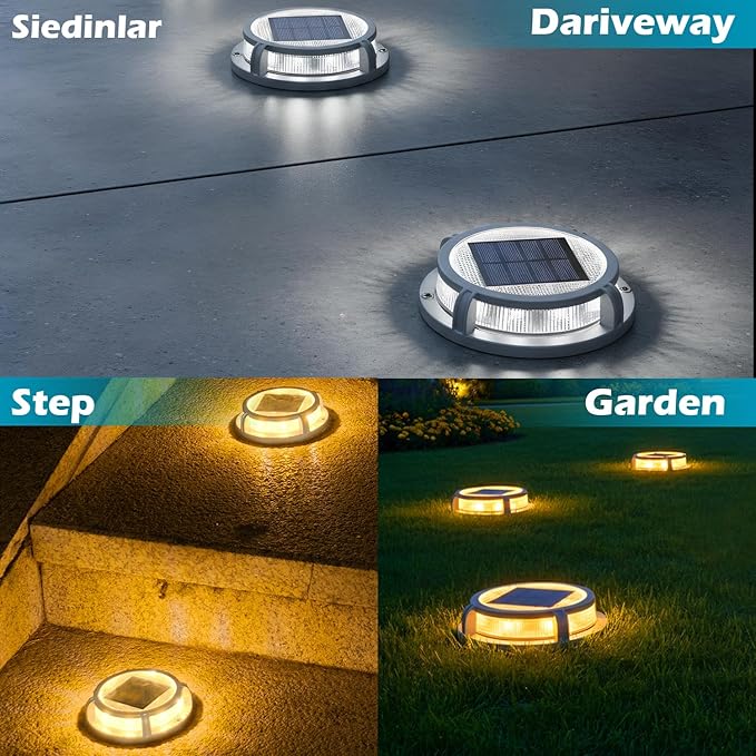 SIEDiNLAR Solar Deck Lights Outdoor 2 Modes 16 LEDs Dock Light Driveway Markers Solar Powered Waterproof for Ground Pathway Step Walkway Stair Road Garden Yard 16 Pack (Cool White/Warm White)