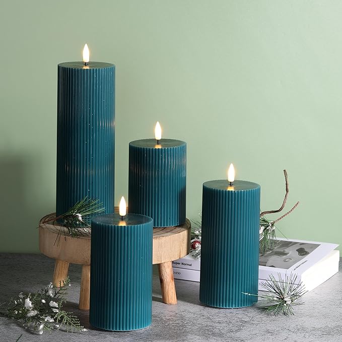Green Ribbed Flameless Pillar Candles with Remote, Flat Top Flickering LED Wax Battery Candles Set of 4, Φ 3" H 4" 5" 6" 8"
