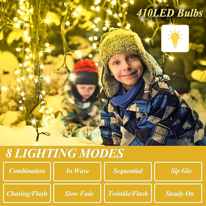 Aneeway Tree Lights with Star Toppers, 410 LED Christmas Lights, 8 Modes & Memory Function, 6.6FT x 16 String Lights, Remote Control & Timing for Ornaments - Warm White