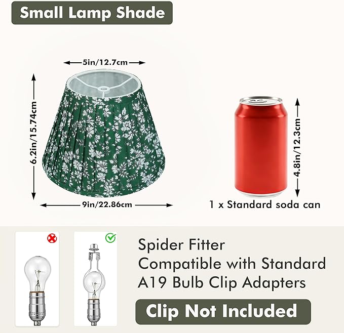 Green Floral Small Lamp Shades Set of 2 – 5x9x6.2 Inch Empire Pleated Lampshades for Bedside, Desk & Nightstand Lamps, Spider Fitter, No Assembly Needed, Perfect for Cozy Cottage, Farmhouse & Country