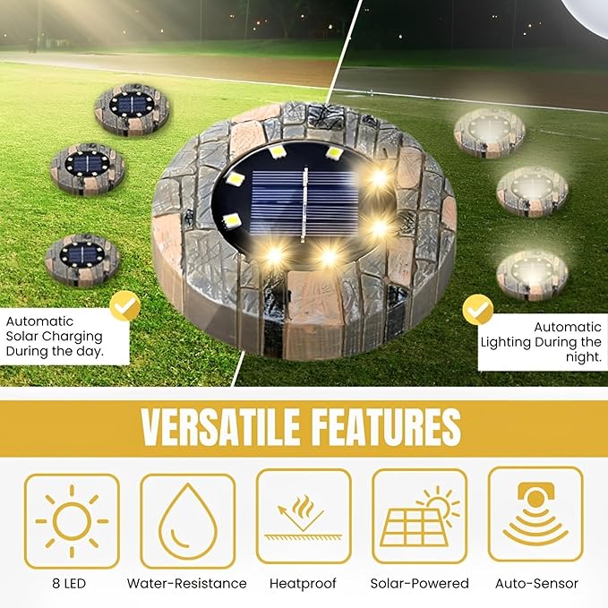 Solar Ground Lights Outdoor Decor - Waterproof LED Outdoor Solar Lights for Yard, Patio, Garden, Pathway, Stair, Deck - Landscape Lighting for Garden Decor - Outside Lightings (4 Pack, Warm White)