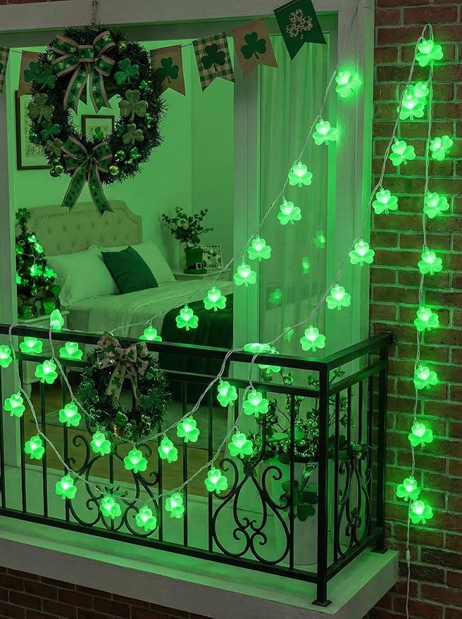 Shamrock String Lights, 8.5Ft St Patrick's Day Decorations String Lights with 10 Green Clover Lights, Connectable Shamrock Indoor Fairy Lights for St Patrick's Day Party Irish Holiday Garden Decor