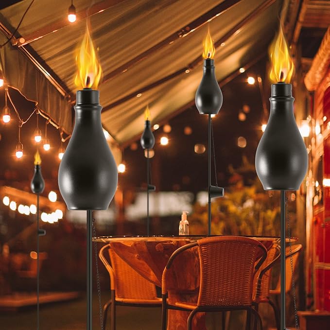 6 Pack Metal Torches for Outside, Upgraded Metal Torches with 3-Prong Grounded Stake, Extra-Large 59-Inch Citronella Torches for Party Patio Pathway
