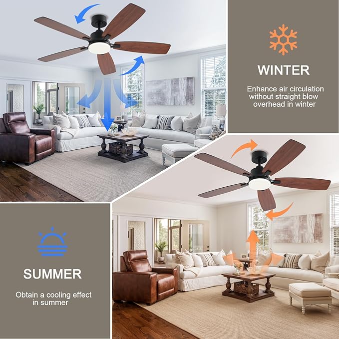 52inch Ceiling Fans with Lights, Low Profile Ceiling Fan with Light and Remote/App Control, 2 Downrods, DC Reversible Motor, Noiseless, Dimmable Brown Ceiling Fan for Bedroom Livingroom