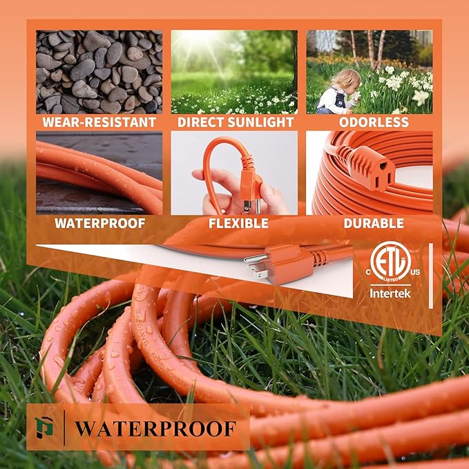 Outdoor Extension Cord 200 FT Waterproof, 16/3 Gauge Heavy Duty 3 Prong Extension Cord, 10A 1250W SJTW, ETL Listed, Great for Garden and Home, Orange