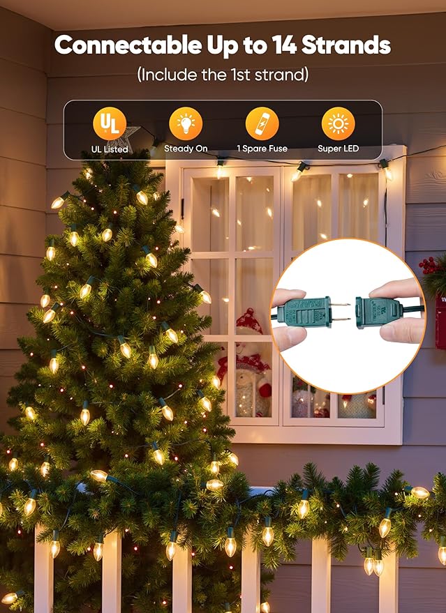 Minetom Vintage C9 LED Christmas Lights Outdoor Warm White, 50 Feet C9 String Lights for Christmas Tree Roofline Holiday Party Indoor Outdoor Garden Patio Backyard Cafe Xmas Decoration, Green Wire
