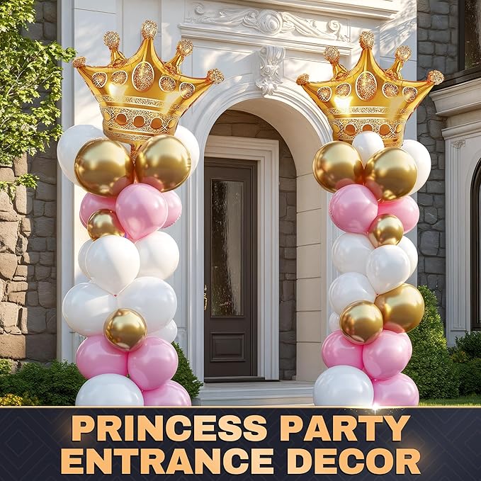 Gold Crown Balloons Set of 3 – 38.2"x35.4" Large Princess Balloons with Royal Crown Shape, Reusable Foil Design – Eye Catching Centerpiece for Princess Party Decor, Birthday Setup and Photo Backdrop