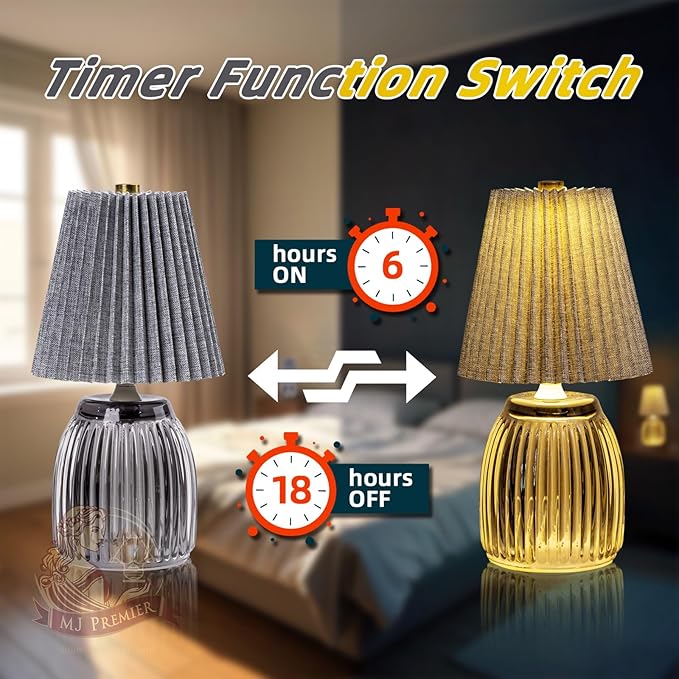 MJ PREMIER Small Battery Operated Lamp Cordless Lamp with Timer Pleated Lamps for Shelf Decor 8.7 inch High Battery Powered Lamps Emergency Light with Glass Base for Bathroom Livingroom Grey