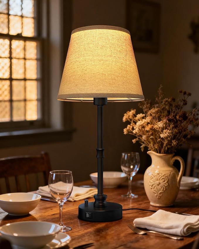Set of 2 Farmhouse Table Lamps with Linen Shades, 23.8" Bedside Lamps with USB A+C Charging Ports & Plug-in, 3-Way Rotary Dimming Nightstand Lights for Bedroom Living Room, Rustic Reading Pair