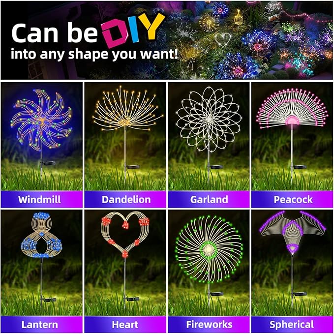 YOTOZU 2 PCS Solar Firework Light, Outdoor Solar Garden Decorative Lights 120 LED Powered 40 Copper Wires String DIY Landscape Light for Walkway Pathway Backyard Decor Parties Perfect Gifts(Purple)