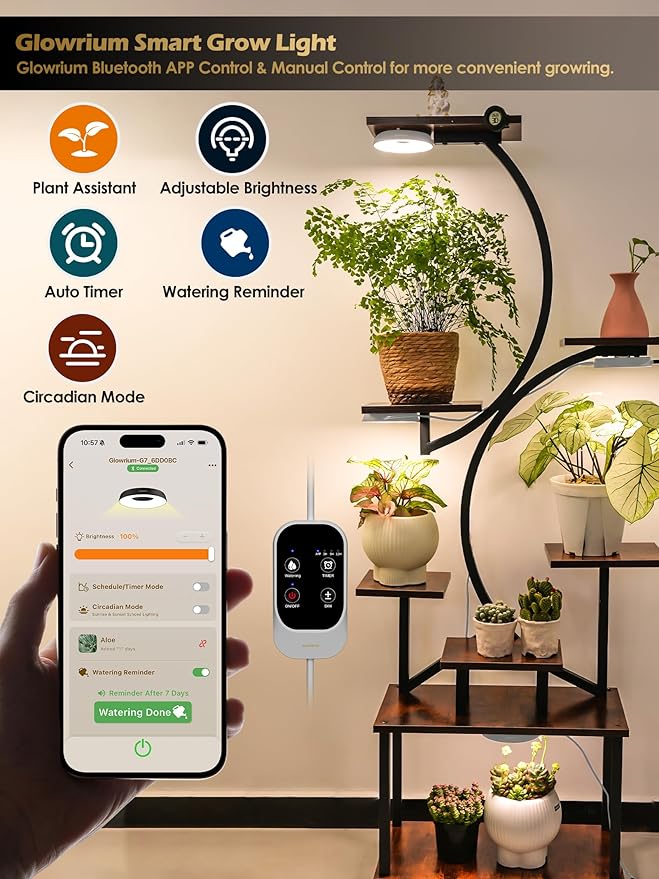 GLOWRIUM Grow Lights for Indoor Plants, 16W Smart Full Spectrum LED Grow Light, Auto Timer and Stepless Dimming,Plant Assistant with Watering Reminder,Modular Design (White, 2 PCS)