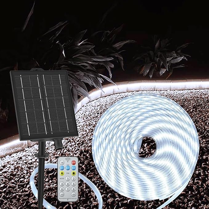 echosari 32.8Ft Solar Strip Lights Outdoor, IP68 Fully Waterproof LED Strip Lights with Timer Remote Auto ON/Off, Self-Adhesive Lights Strip for Camping Pool Deck Patio Decor (Cool White)