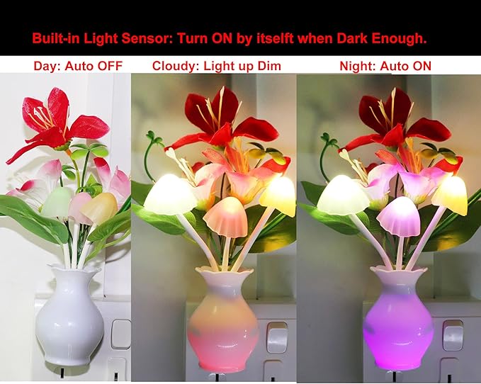 4PCS Plug-in Night Light with Auto Light Sensor,RGB LED Mushroom Night Light Wall Red Lily Flower Lamp for Adults Kids Nursery Room,Bedroom,Lounge,Hallway,Stairs